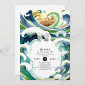 おもしろいシンプルブルー海波誕生日 招待状 (正面/裏面)