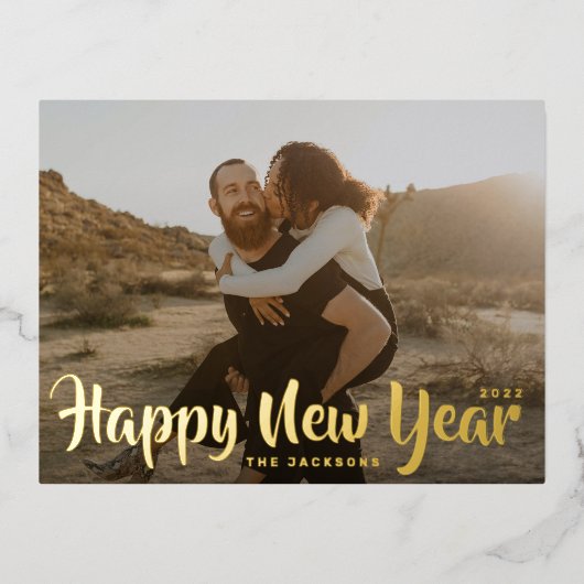 おもしろいシンプルメリークリスマスファミリー金ゴールドフォトフォイル 箔シーズンポストカード (正面)