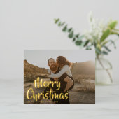 おもしろいシンプルメリークリスマス家族金ゴールド写真 箔シーズンポストカード (立ち正面)