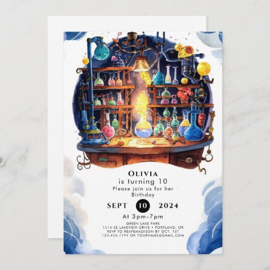 おもしろいシンプル科学者誕生日 招待状 (正面/裏面)