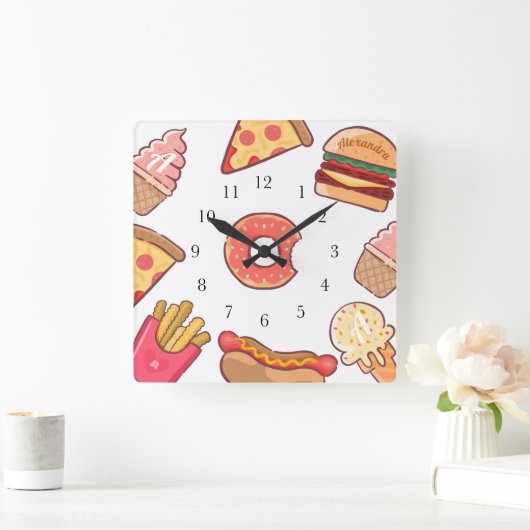 おもしろいジャンクフードマンガ名前をカスタムする&モノグラム スクエア壁時計 (ホーム)