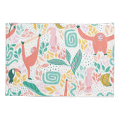 おもしろいジャングルの幸せな動物とピンクの熱帯葉の 枕カバー (裏面)