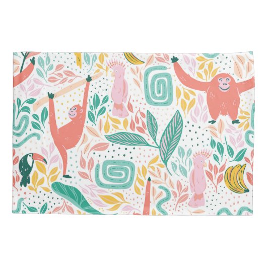 おもしろいジャングルの幸せな動物とピンクの熱帯葉の 枕カバー (裏面)