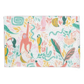 おもしろいジャングルの幸せな動物とピンクの熱帯葉の 枕カバー (正面)