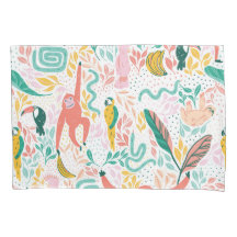 おもしろいジャングルの幸せな動物とピンクの熱帯葉の