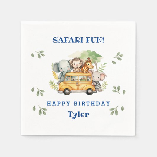 おもしろいジャングルアニマルキッズサファリバースデーパーティー スタンダードカクテルナプキン (正面)