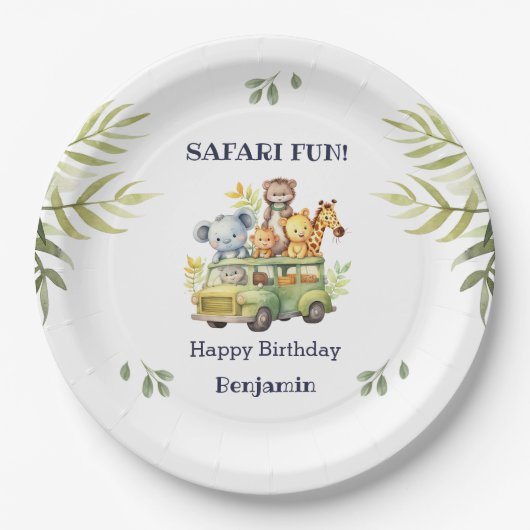 おもしろいジャングルアニマルサファリ誕生日 ペーパープレート (正面)