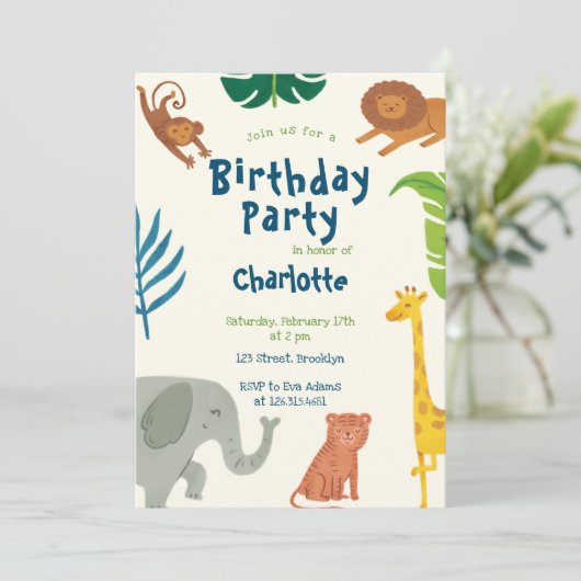おもしろいジャングルアニマルズ誕生日招待状 招待状 (スタンド正面)