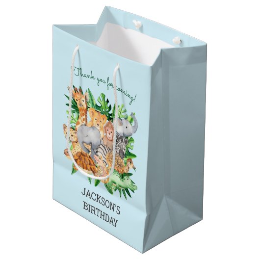 おもしろいジャングルサファリアニマルズ1st誕生日パーティー ミディアムペーパーバッグ (正面アングル)