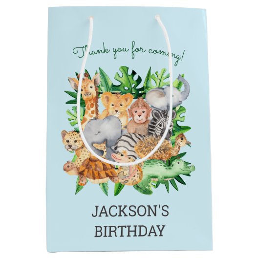 おもしろいジャングルサファリアニマルズ1st誕生日パーティー ミディアムペーパーバッグ (正面)