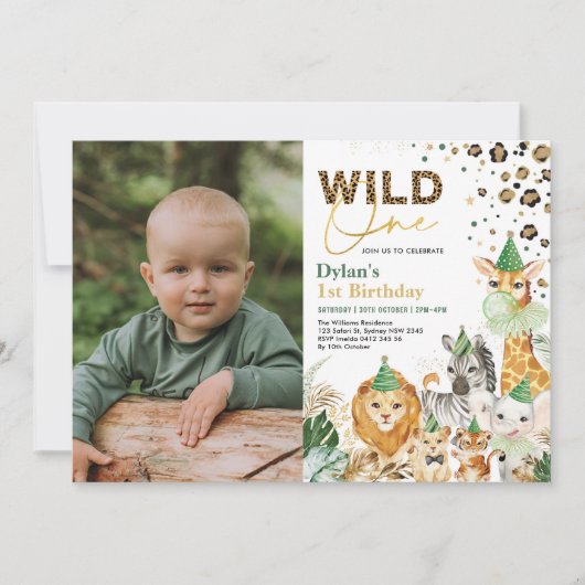 おもしろいジャングルサファリワイルドワンパーティー動物誕生日 招待状 (正面)