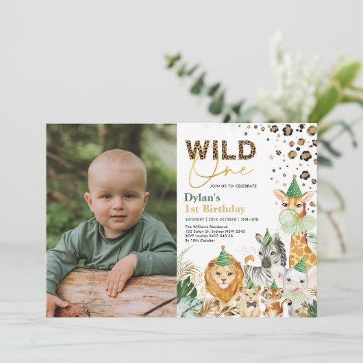 おもしろいジャングルサファリワイルドワンパーティー動物誕生日 招待状 (スタンド正面)