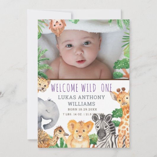 おもしろいジャングルサファリ動物ベビー誕生発表 案内状 (正面)