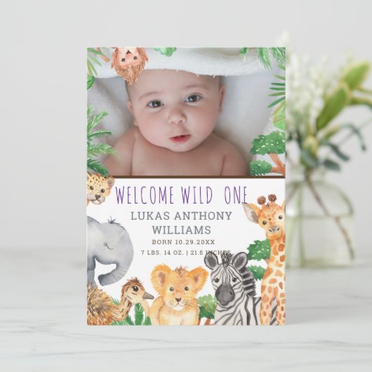 おもしろいジャングルサファリ動物ベビー誕生発表 案内状 (スタンド正面)