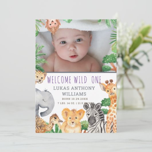 おもしろいジャングルサファリ動物ベビー誕生発表 案内状 (スタンド正面)