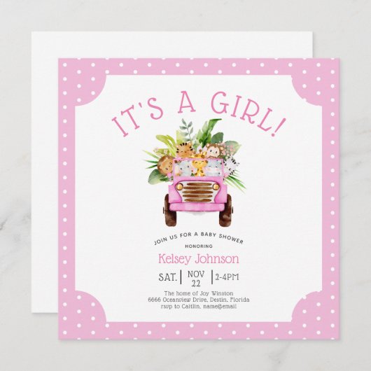 おもしろいジャングルサファリ女の子ピンクの赤ちゃんシャワー 招待状 (正面/裏面)