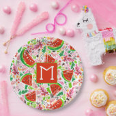 おもしろいスイカ及び花柄モノグラム ペーパープレート (パーティー)