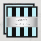 おもしろいスイート16ライトブルーブラックシストライプルバーパーティー 招待状 (正面/裏面)