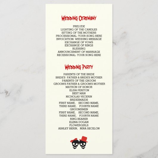 おもしろいスカルハロウィーンレッドウェディングプログラム プログラム (裏面)