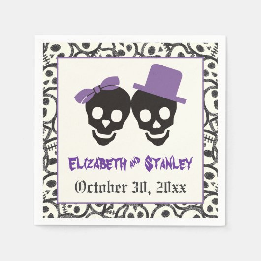 おもしろいスカルハロウィーン紫と黒結婚の スタンダードカクテルナプキン (正面)
