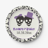 おもしろいスカルハロウィーン紫と黒結婚の ペーパープレート (正面)