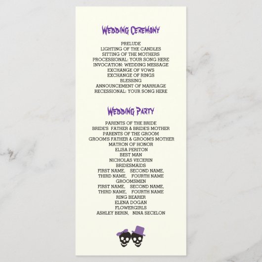 おもしろいスカルハロウィーン紫の結婚式プログラム プログラム (裏面)