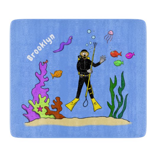 おもしろいスキューバダイバーと魚の海洋生物の漫画 カッティングボード (正面)
