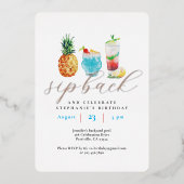 おもしろいスクバックカクテルバースデーパーティーバラ金ゴールド 箔招待状 (正面)