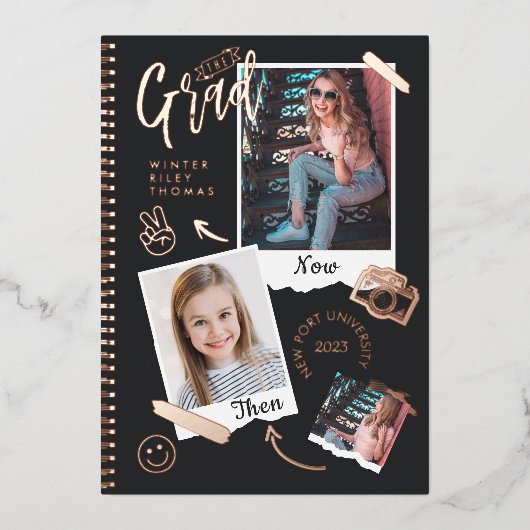 おもしろいスクラップブックフォトアルバムノートThen & Now Grad 箔招待状 (正面)