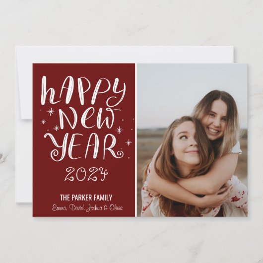 おもしろいスクリプトハッピーニューイヤー写真かわいい赤ストライプ色 シーズンカード (正面)