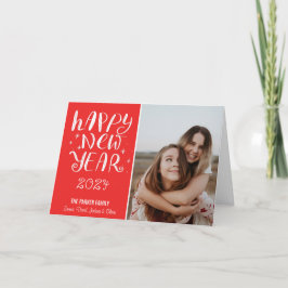 おもしろいスクリプトハッピーニューイヤー写真かわいい赤ストライプ色 シーズンカード