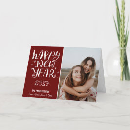 おもしろいスクリプトハッピーニューイヤー写真かわいい赤ストライプ色 シーズンカード