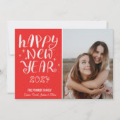 おもしろいスクリプトハッピーニューイヤー写真かわいい赤ストライプ色 シーズンカード (正面)