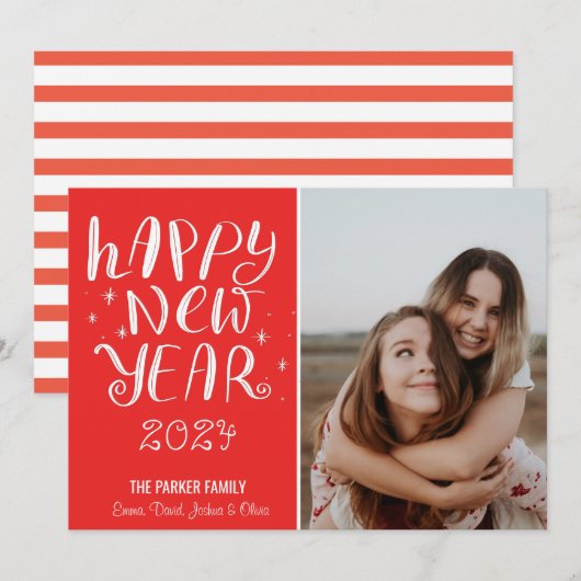 おもしろいスクリプトハッピーニューイヤー写真かわいい赤ストライプ色 シーズンカード (正面/裏面)