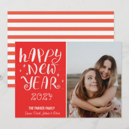 おもしろいスクリプトハッピーニューイヤー写真かわいい赤ストライプ色 シーズンカード