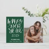 おもしろいスクリプトハッピーニューイヤー写真可愛い緑ストライプ色 シーズンカード (スタンド正面)