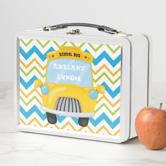 おもしろいスクールバスの背景(シェブロン) メタルランチボックス (インサイチュ)
