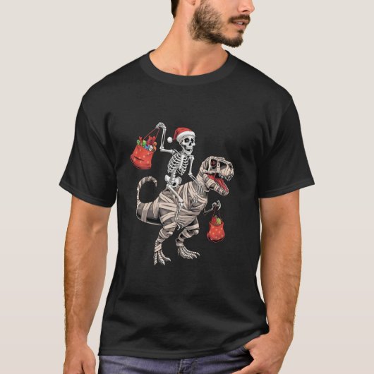 おもしろいスケルトン乗馬TRex恐竜クリスマスティー Tシャツ (正面)