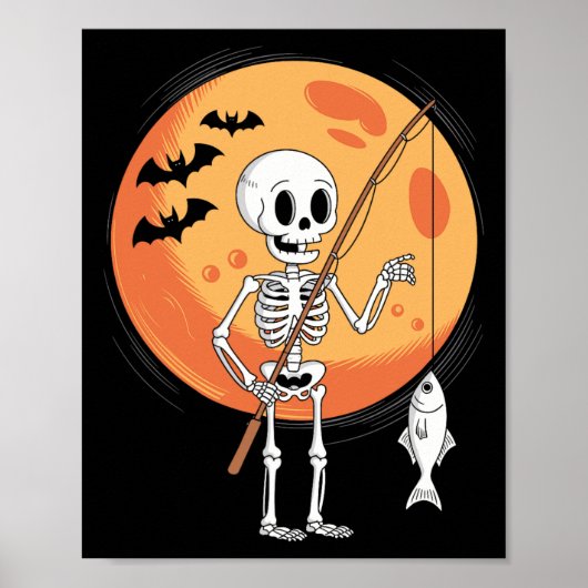 おもしろいスケルトン釣り好き月怖いハロウィン ポスター (正面)