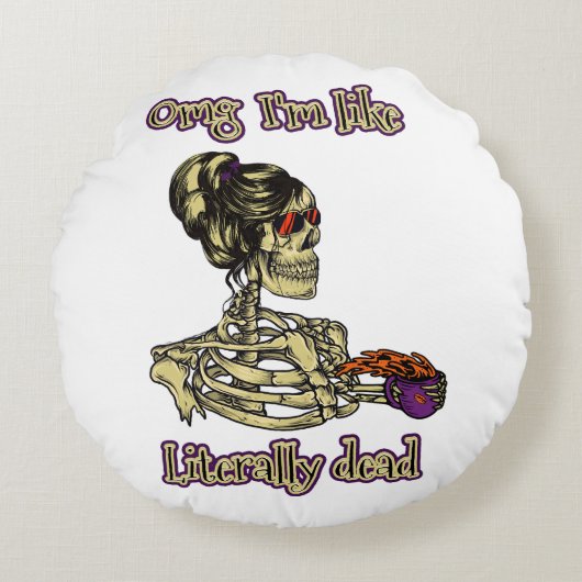 おもしろいスケルトン飲む私は文字通りデッドコーヒー ラウンドクッション (正面)