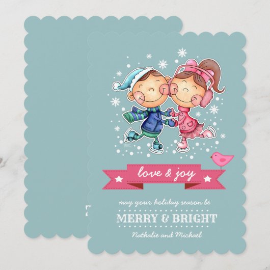 おもしろいスケートで滑るキッズカスタムフラットクリスマスカード シーズンカード (正面/裏面)
