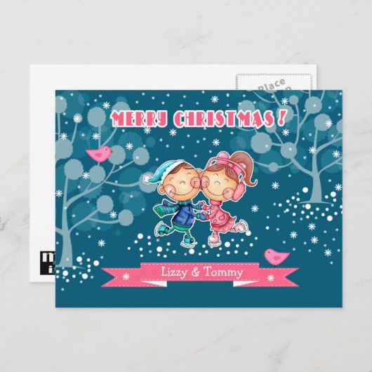 おもしろいスケートで滑るキッズクリスマス シーズンポストカード (正面/裏面)