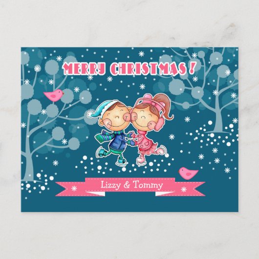 おもしろいスケートで滑るキッズクリスマス シーズンポストカード (正面)