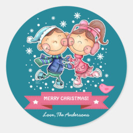 おもしろいスケートで滑るキッズ |クリスマス名前をカスタムする ラウンドシール