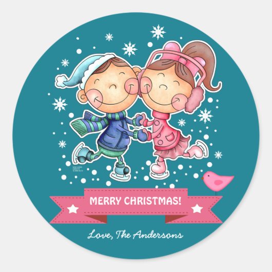 おもしろいスケートで滑るキッズ |クリスマス名前をカスタムする ラウンドシール (正面)