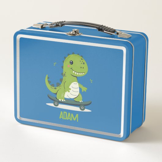 おもしろいスケートボード恐竜と子供の名前 メタルランチボックス (正面)