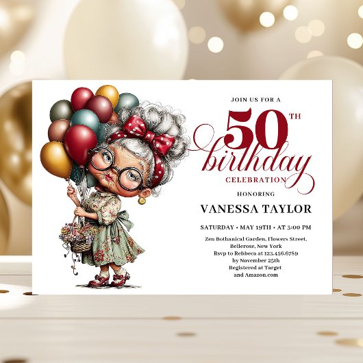 おもしろいスタイルの50歳の誕生日の女性の楽しいお祝い 招待状