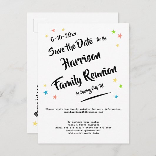 おもしろいスター家族の懇親会またはパーティー保存日付 案内ポストカード (正面/裏面)