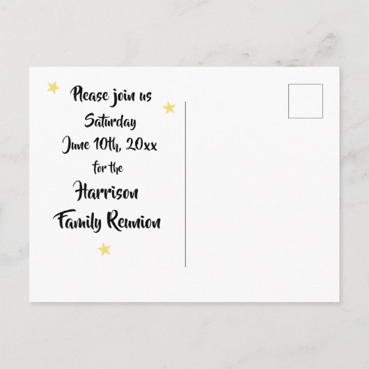 おもしろいスター家族の懇親会またはパーティー保存日付 案内ポストカード (裏面)