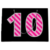 おもしろいストライプのピンク「10」、ハッピー10誕生日、名前 ラージペーパーバッグ (正面)